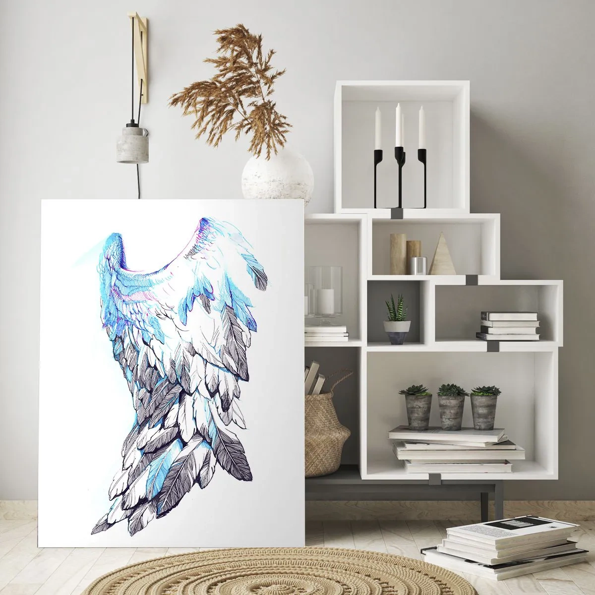 Obraz na szkle - Anielskie skrzydła w odcieniach niebieskiego i szarości - 50x70cm - Trzeba mi skrzydeł - Nowoczesna dekoracja ścienna do salonu, kuchni i sypialni ARTTOR