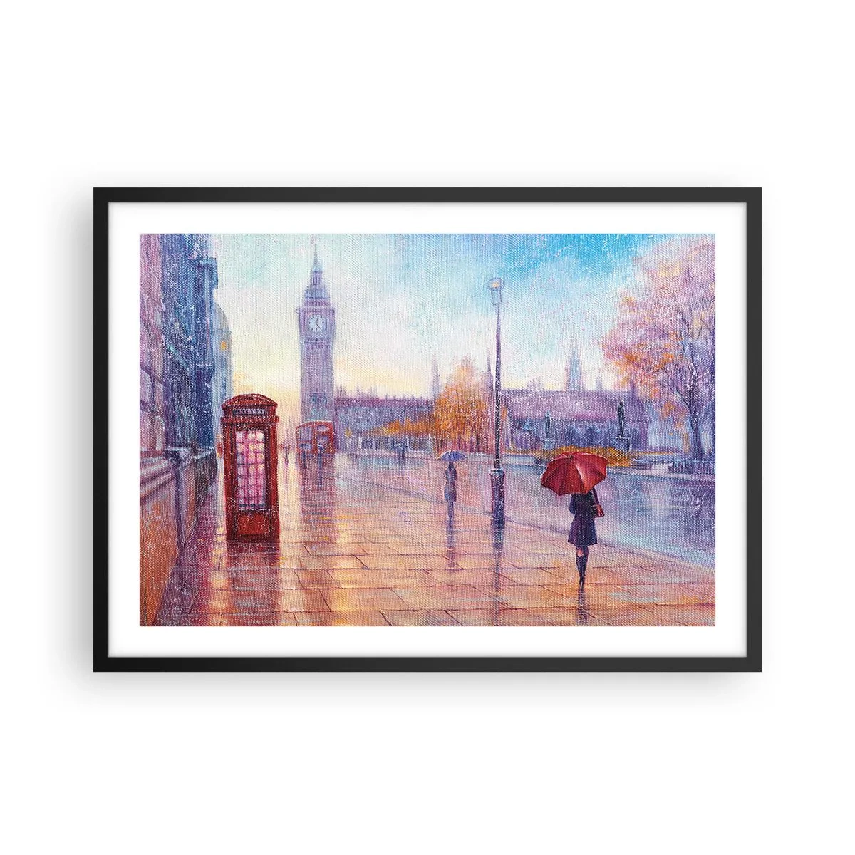 Plakat w czarnej ramie - Londyńska ulica z Big Benem w deszczowy dzień - 70x50cm - Londyński jesienny dzień - Nowoczesna dekoracja ścienna do salonu i sypialni ARTTOR