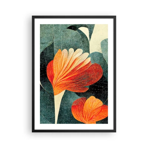 Plakat w czarnej ramie - Abstrakcyjne kwiaty w odcieniach pomarańczu i zieleni - 50x70cm - Żar tropików i chłód zieleni - Nowoczesna dekoracja ścienna do salonu i sypialni ARTTOR