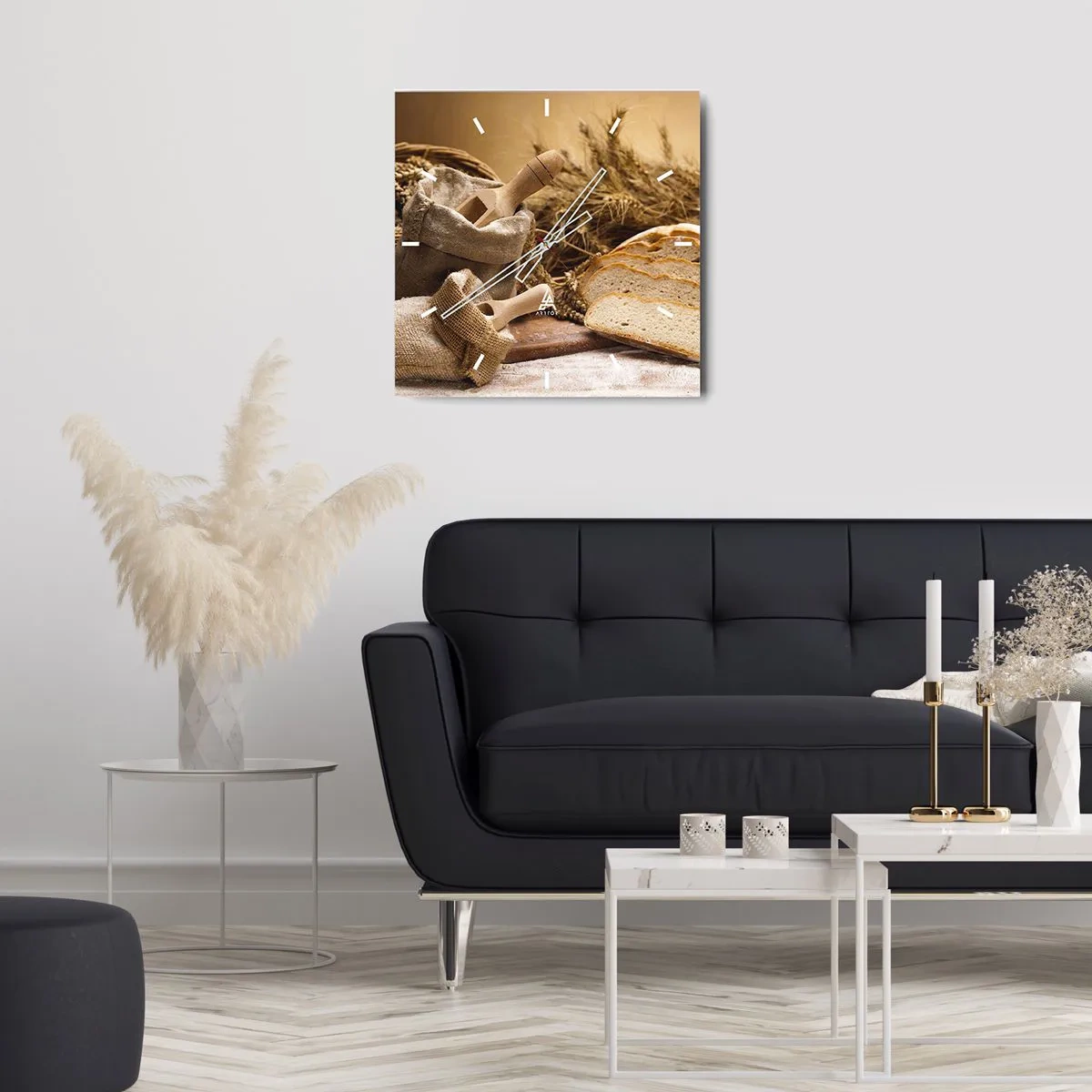 Zegar ścienny - Krajobraz z chlebem, mąką i kłosami zbóż w rustykalnym stylu - 30x30cm - Jak nożem uciął - Nowoczesna dekoracja ścienna do salonu i sypialni ARTTOR