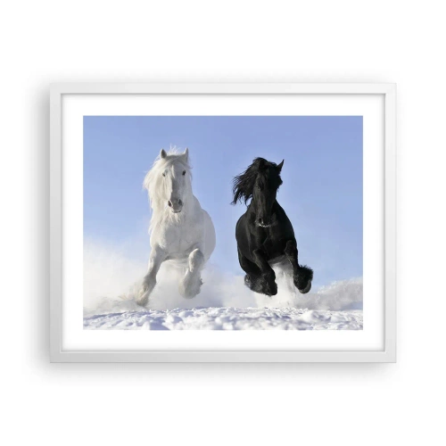 Plakat w białej ramie - Czarno-biały galop - 50x40 cm