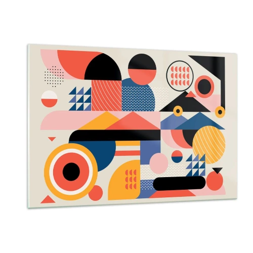 Obraz na szkle - Kolorowa abstrakcja geometryczna z kół i trójkątów - 120x80cm - Kompozycja: pobaw się - Nowoczesna dekoracja ścienna do salonu, kuchni i sypialni ARTTOR