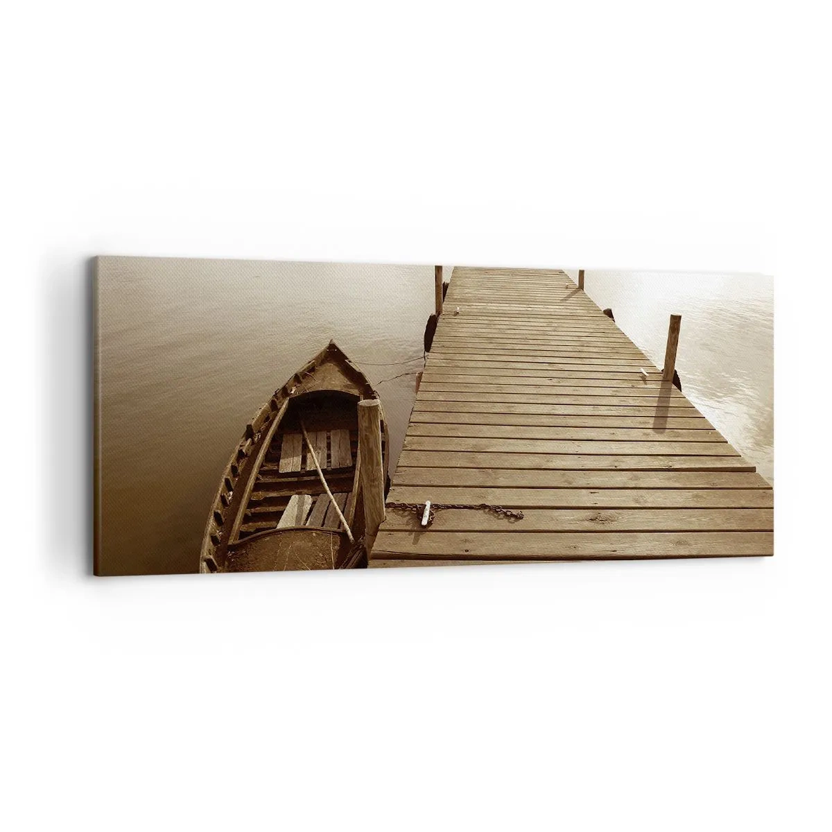 Obraz na płótnie - Drewniane molo i łódź w spokojnym jeziorze - 120x50cm - Wielki spokój - Nowoczesna dekoracja ścienna do salonu i sypialni ARTTOR