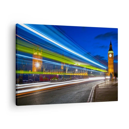 Obraz na płótnie - Big Ben nocą z efektem świateł w ruchu na ulicy - 70x50cm - Pod okiem Big Bena - Nowoczesna dekoracja ścienna do salonu i sypialni ARTTOR