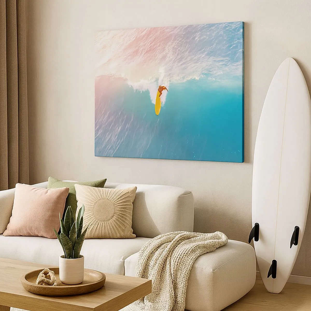Obraz na płótnie - Surfer na fali w pastelowych kolorach - 70x50cm - Oceaniczny jeździec - Nowoczesna dekoracja ścienna do salonu i sypialni ARTTOR