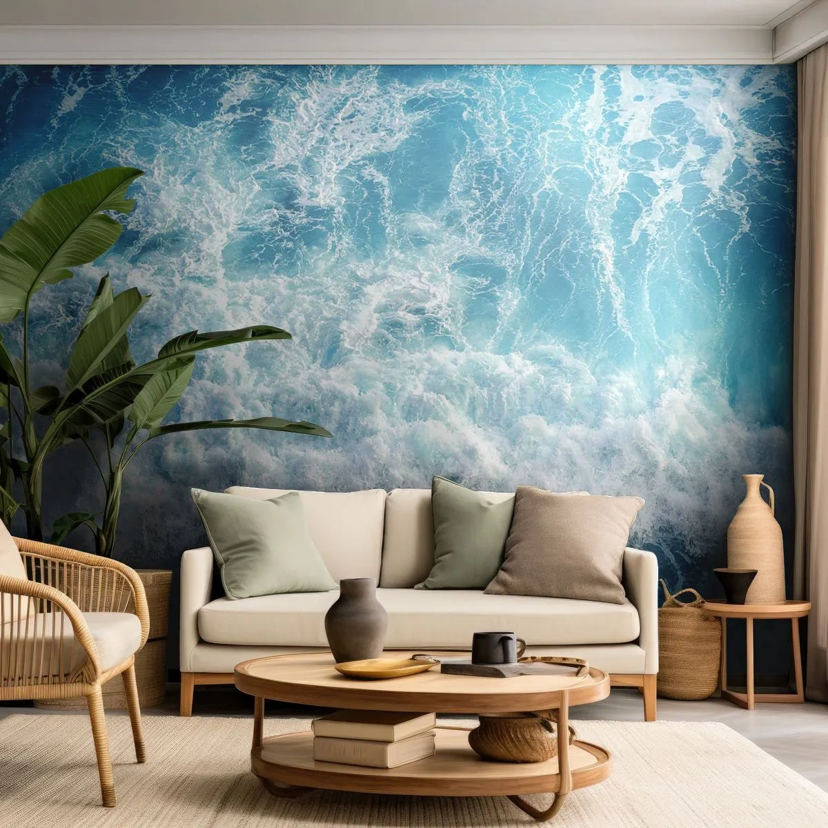 Fototapeta Premium Sand - Błękitne fale oceanu w ruchu - 100x70cm - Radośnie i w podskokach - Nowoczesna dekoracja ścienna do salonu, kuchni i sypialni ARTTOR