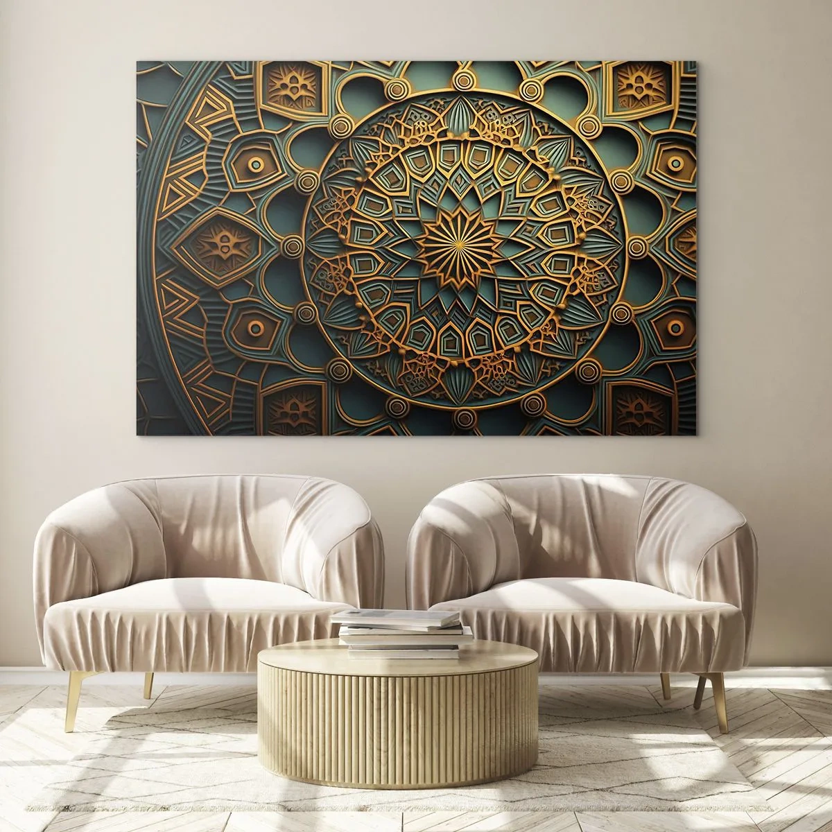 Obraz na szkle - Złoto-turkusowy ornament w stylu arabskiej mozaiki - 70x50cm - W arabskim klimacie - Nowoczesna dekoracja ścienna do salonu i sypialni ARTTOR