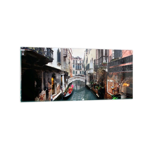 Obraz na szkle - Kanał w Wenecji z gondolą i zabytkowymi kamienicami - 120x50cm - Pejzaż wenecki z gondolą i mostkiem - Nowoczesna dekoracja ścienna do salonu i sypialni ARTTOR