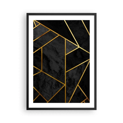 Plakat w czarnej ramie - Geometryczne wzory w złotym kolorze na czarnym tle - 50x70cm - Mrok i blask - Nowoczesna dekoracja ścienna do salonu i sypialni ARTTOR