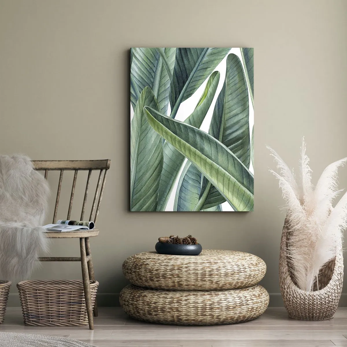Obraz na płótnie - Zielone liście w stylu akwarelowym na jasnym tle - 50x70cm - Zieleń sama w sobie - Nowoczesna dekoracja ścienna do salonu, kuchni i sypialni ARTTOR