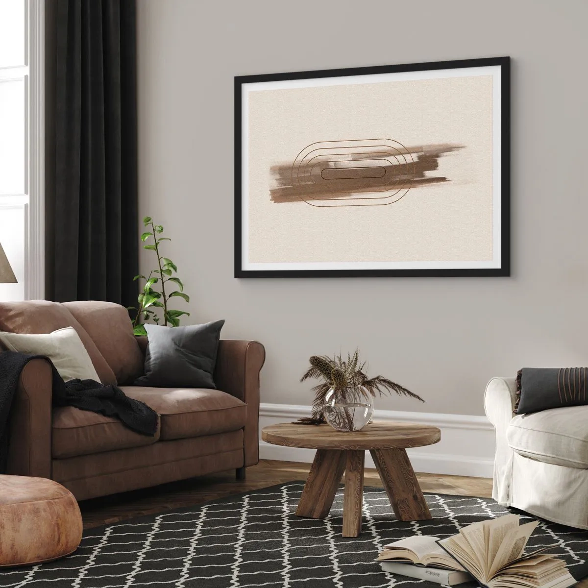 Plakat w czarnej ramie - Minimalistyczna kompozycja w odcieniach beżu i szarości z geometrycznym wzorem - 100x70cm - Powiew szarości - Nowoczesna dekoracja ścienna do salonu i sypialni ARTTOR