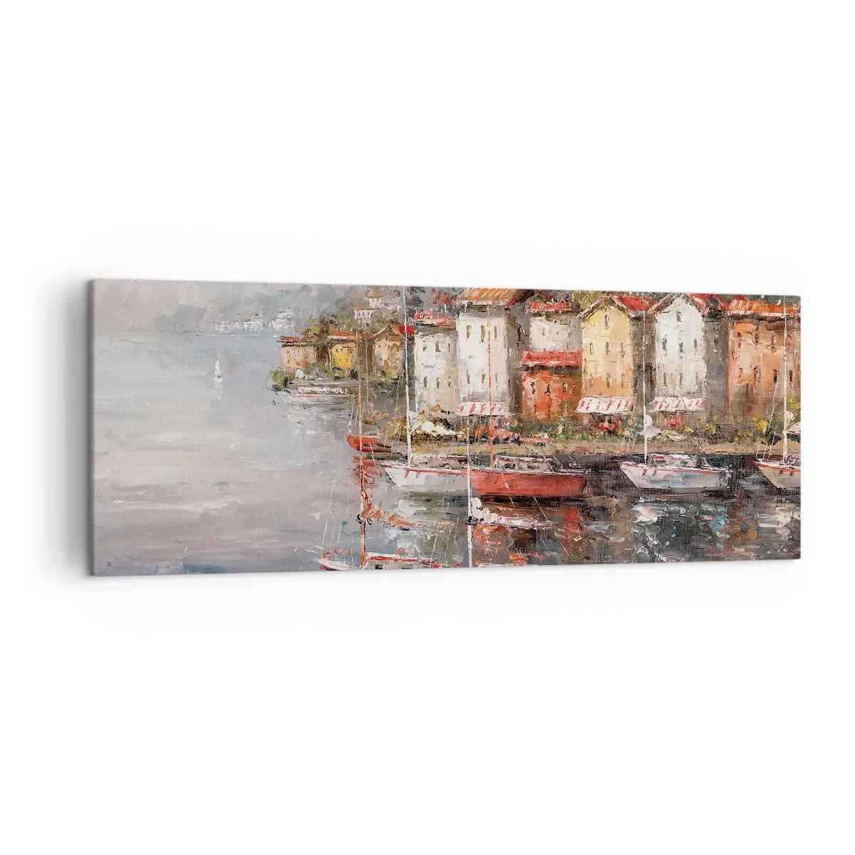 Obraz na płótnie - Nadmorska sceneria z łodziami i kolorowymi domami - 140x50cm - Romantyczna przystań - Nowoczesna dekoracja ścienna do salonu i sypialni ARTTOR