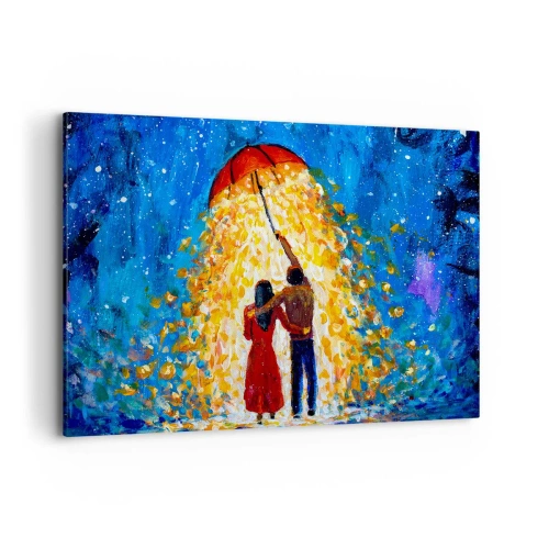 Obraz na płótnie - Para pod czerwonym parasolem w świetlistym deszczu - 100x70cm - Magia deszczowego wieczoru? - Nowoczesna dekoracja ścienna do salonu, kuchni i sypialni ARTTOR