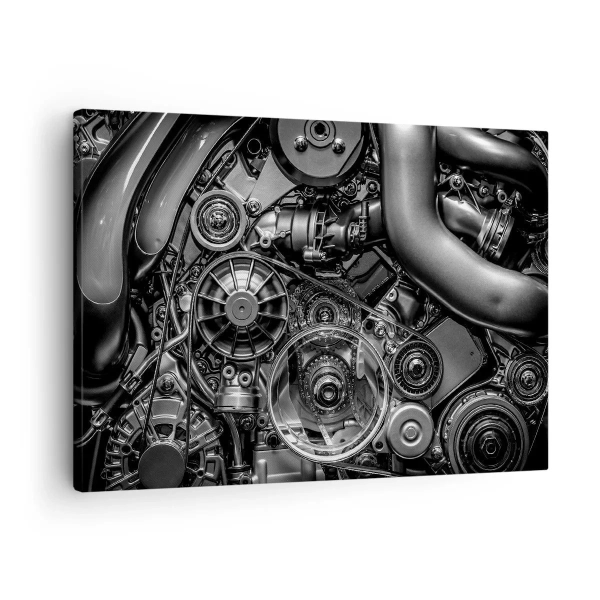 Obraz na płótnie - Czarno-białe zbliżenie na mechaniczne detale silnika samochodu - 70x50cm - Poezja mechaniki - Nowoczesna dekoracja ścienna do salonu i sypialni ARTTOR