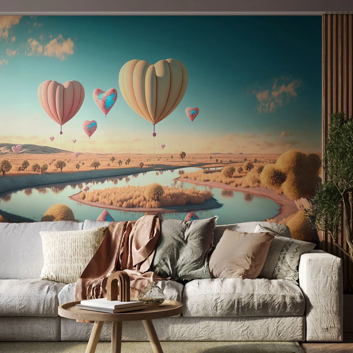Fototapeta Premium Sand - Balony w kształcie serca nad spokojną rzeką - 100x70cm - Miłość pozwala wznieść się - Nowoczesna dekoracja ścienna do salonu, kuchni i sypialni ARTTOR