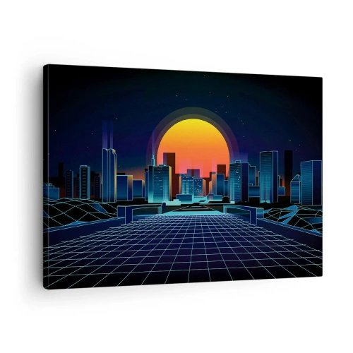 Obraz na płótnie - Futurystyczna panorama miasta w stylu neonowym - 70x50cm - Wciąż chcesz do realu? - Nowoczesna dekoracja ścienna do salonu i sypialni ARTTOR