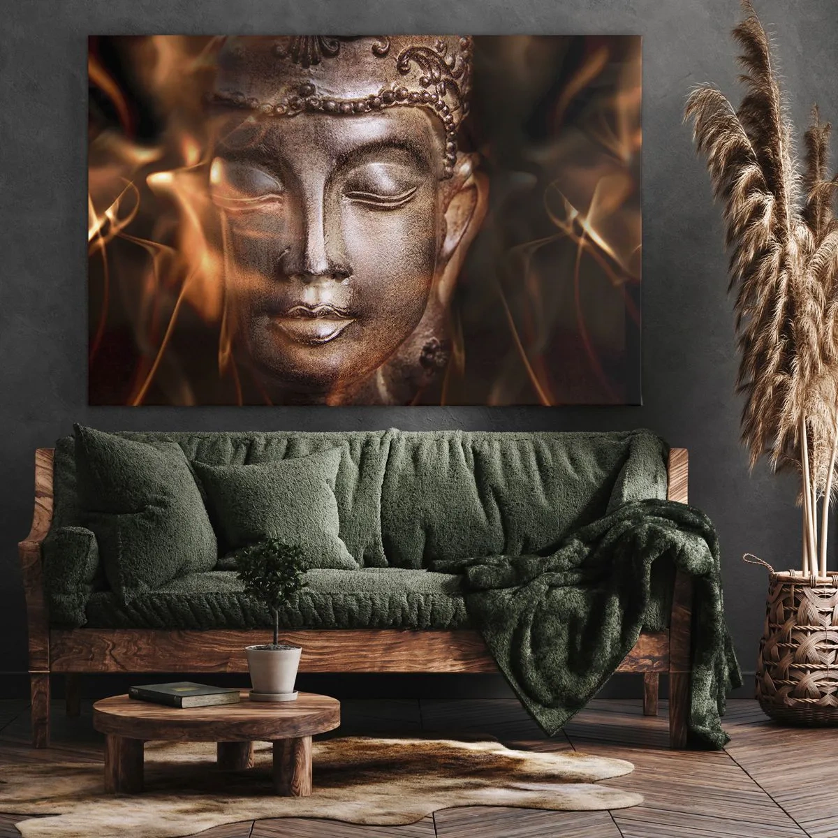 Obraz na płótnie - Posąg Buddy wśród płomieni o złotych odcieniach - 70x50cm - Istnieje tylko tu i teraz - Nowoczesna dekoracja ścienna do salonu i sypialni ARTTOR