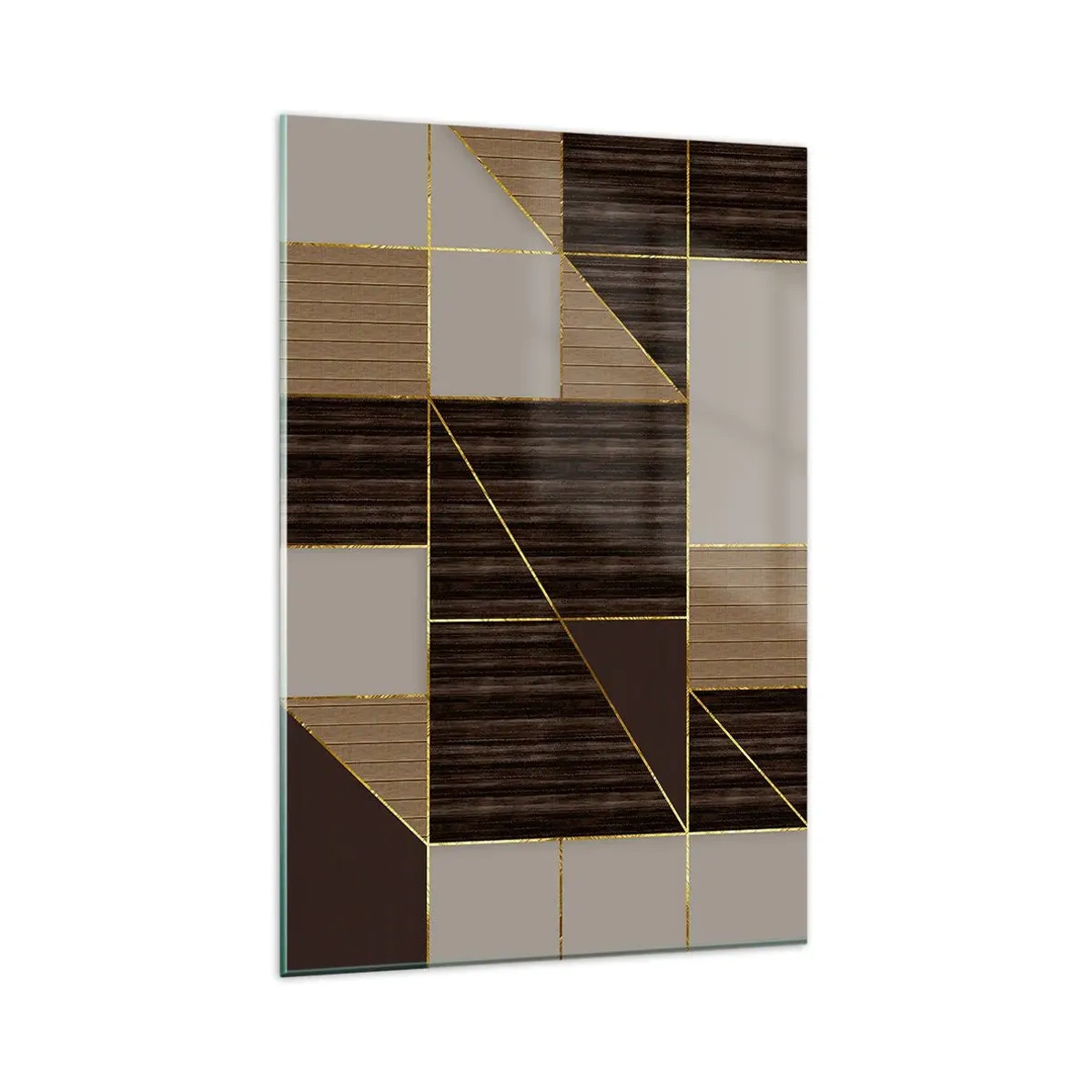 Obraz na szkle - Geometryczne wzory w odcieniach brązu ze złotymi liniami - 80x120cm - Mozaika brązów i złota - Nowoczesna dekoracja ścienna do salonu i sypialni ARTTOR