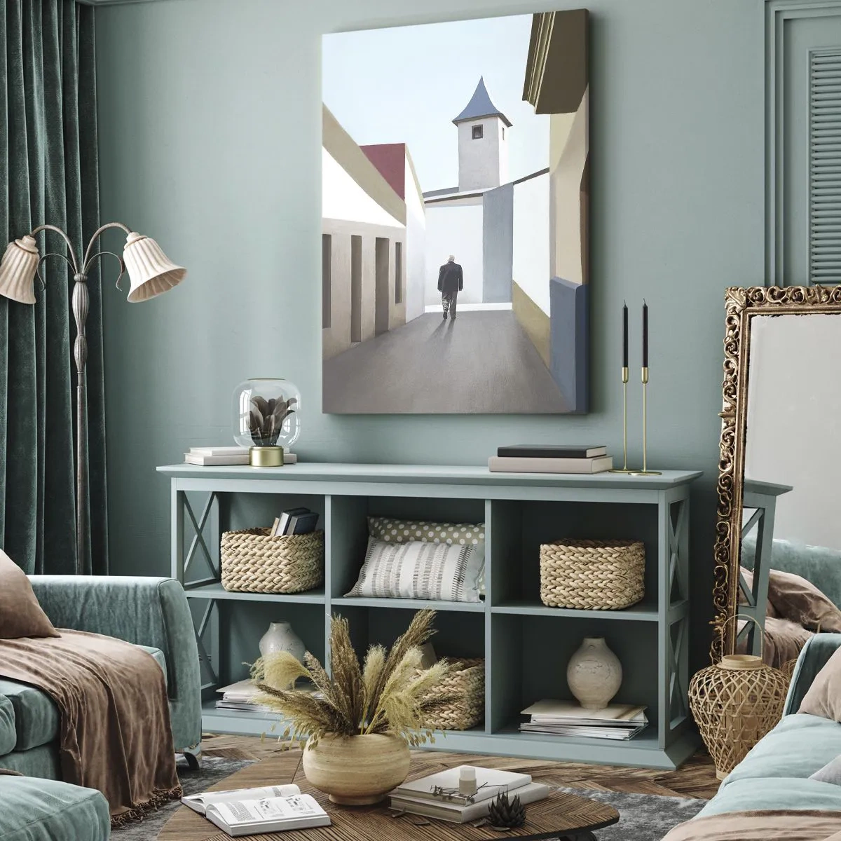 Obraz na płótnie - Mężczyzna spacerujący wąską uliczką w minimalistycznym otoczeniu - 50x70cm - Słoneczny spacer - Nowoczesna dekoracja ścienna do salonu, kuchni i sypialni ARTTOR