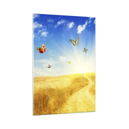 Obraz na szkle - Złote pole, ścieżka i motyle na tle błękitnego nieba - 80x120cm - I jak tu nie kochać lata? - Nowoczesna dekoracja ścienna do salonu i sypialni ARTTOR
