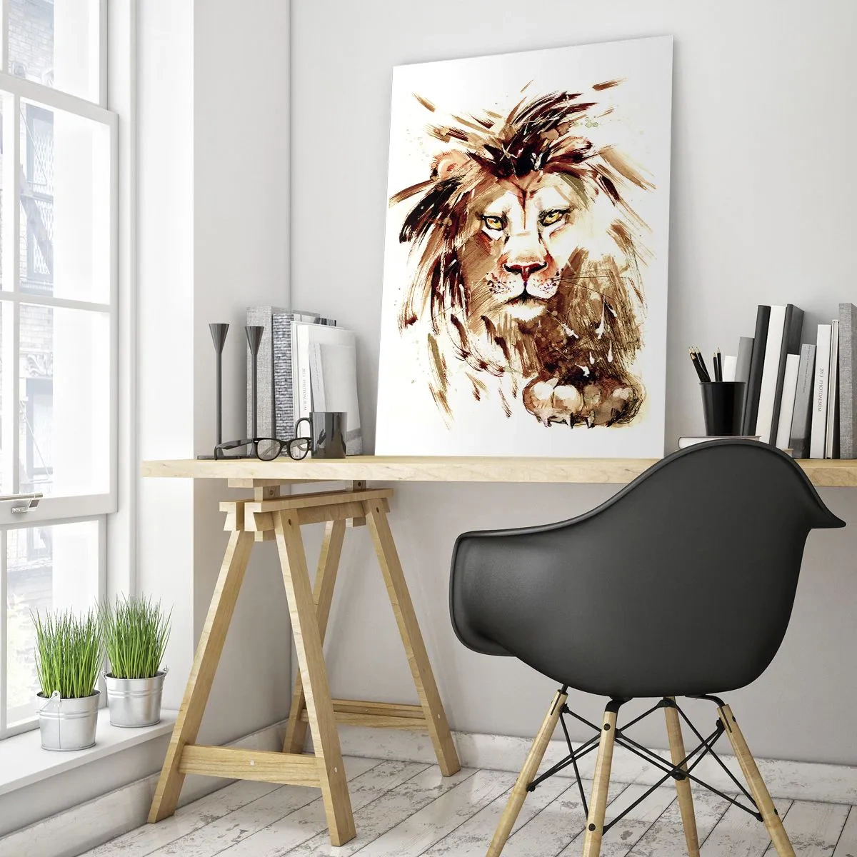 Obraz na szkle - Portret lwa w stylu akwarelowym na białym tle - 50x70cm - Siła i godność - Nowoczesna dekoracja ścienna do salonu, kuchni i sypialni ARTTOR