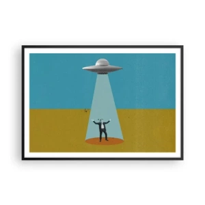 Plakat w czarnej ramie - Człowiek w świetle UFO na tle kolorowego pejzażu - 100x70cm - Bliskie spotkanie - Nowoczesna dekoracja ścienna do salonu i sypialni ARTTOR