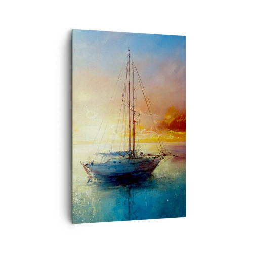 Obraz na płótnie - Jacht na spokojnym morzu o zachodzie słońca - 80x120cm - W złotej zatoce - Nowoczesna dekoracja ścienna do salonu i sypialni ARTTOR