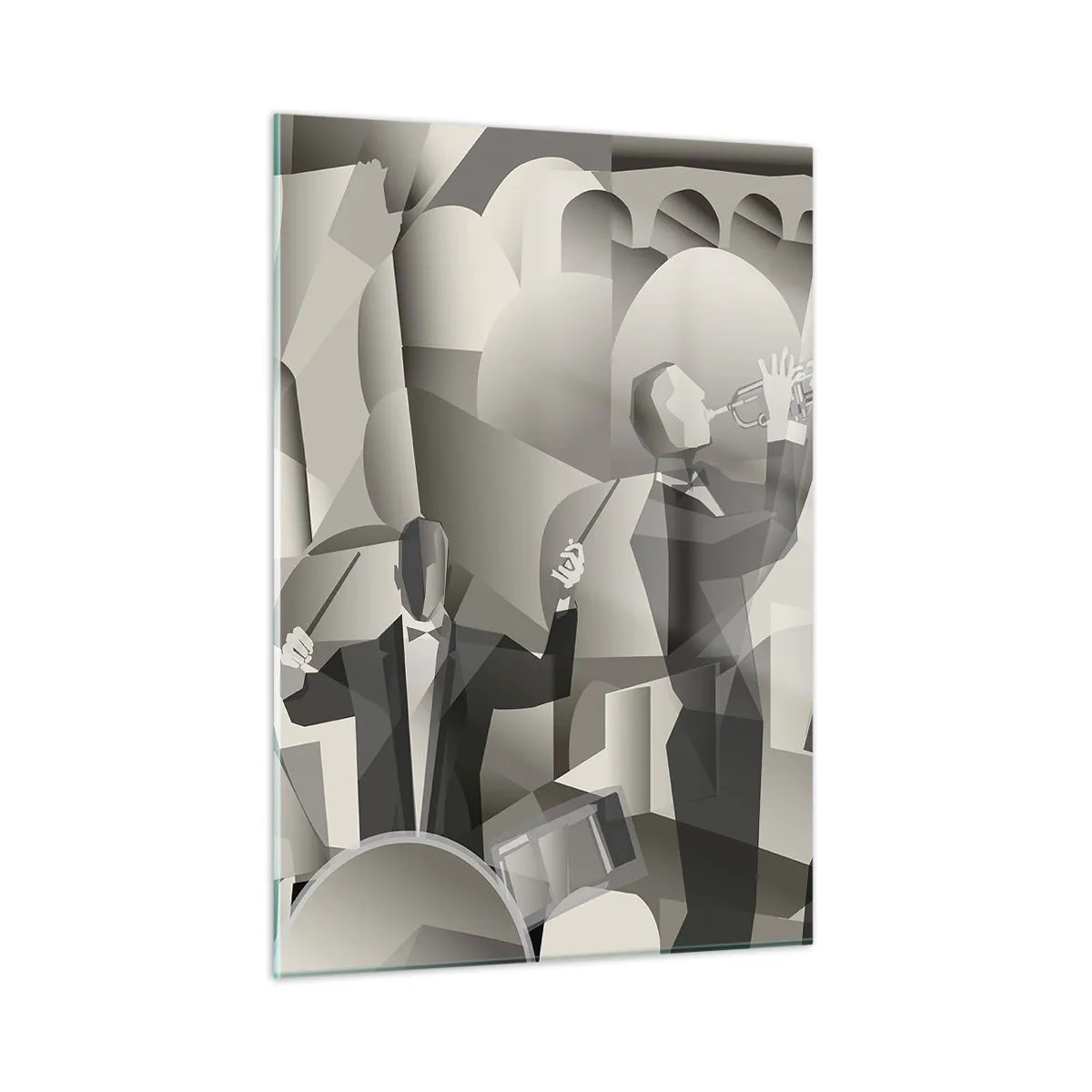 Obraz na szkle - Stylizowana scena zespołu jazzowego w monochromatycznej tonacji - 50x70cm - W przestrzeni dźwięków - Nowoczesna dekoracja ścienna do salonu, kuchni i sypialni ARTTOR
