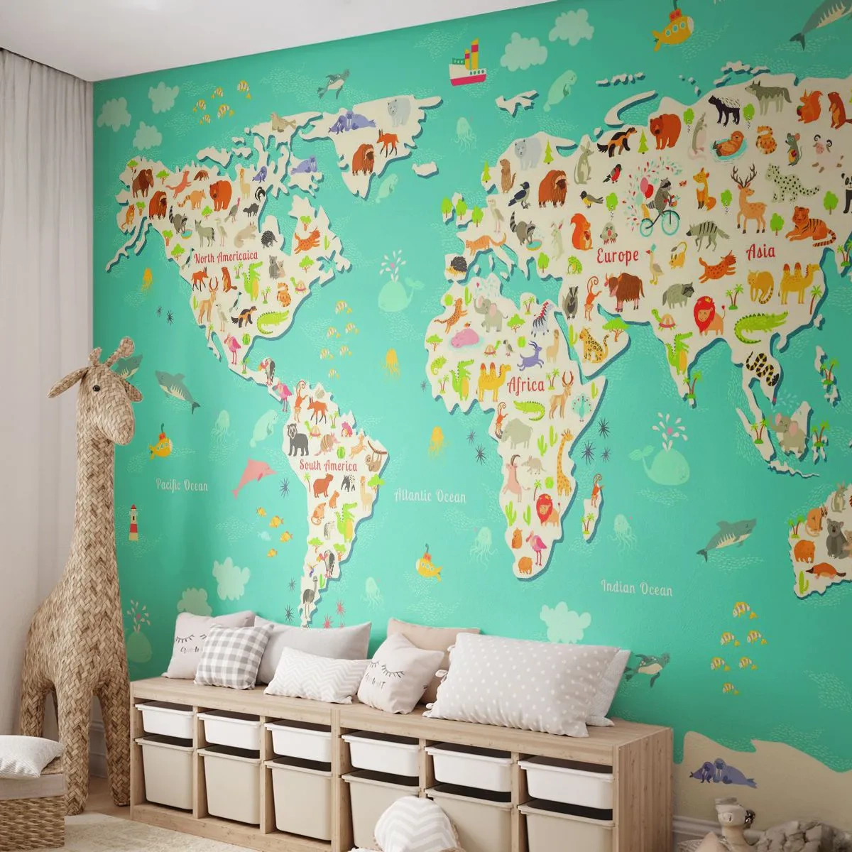 Fototapeta Samoprzylepna Deluxe Sticker - Kochamy cały świat - Mapa Świata, Zwierzęta, Dla Dzieci - 250x175 cm