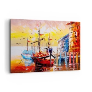 Obraz na płótnie - Malowniczy port o zachodzie słońca z łodziami rybackimi - 120x80cm - Szczęśliwy powrót - Nowoczesna dekoracja ścienna do salonu, kuchni i sypialni ARTTOR