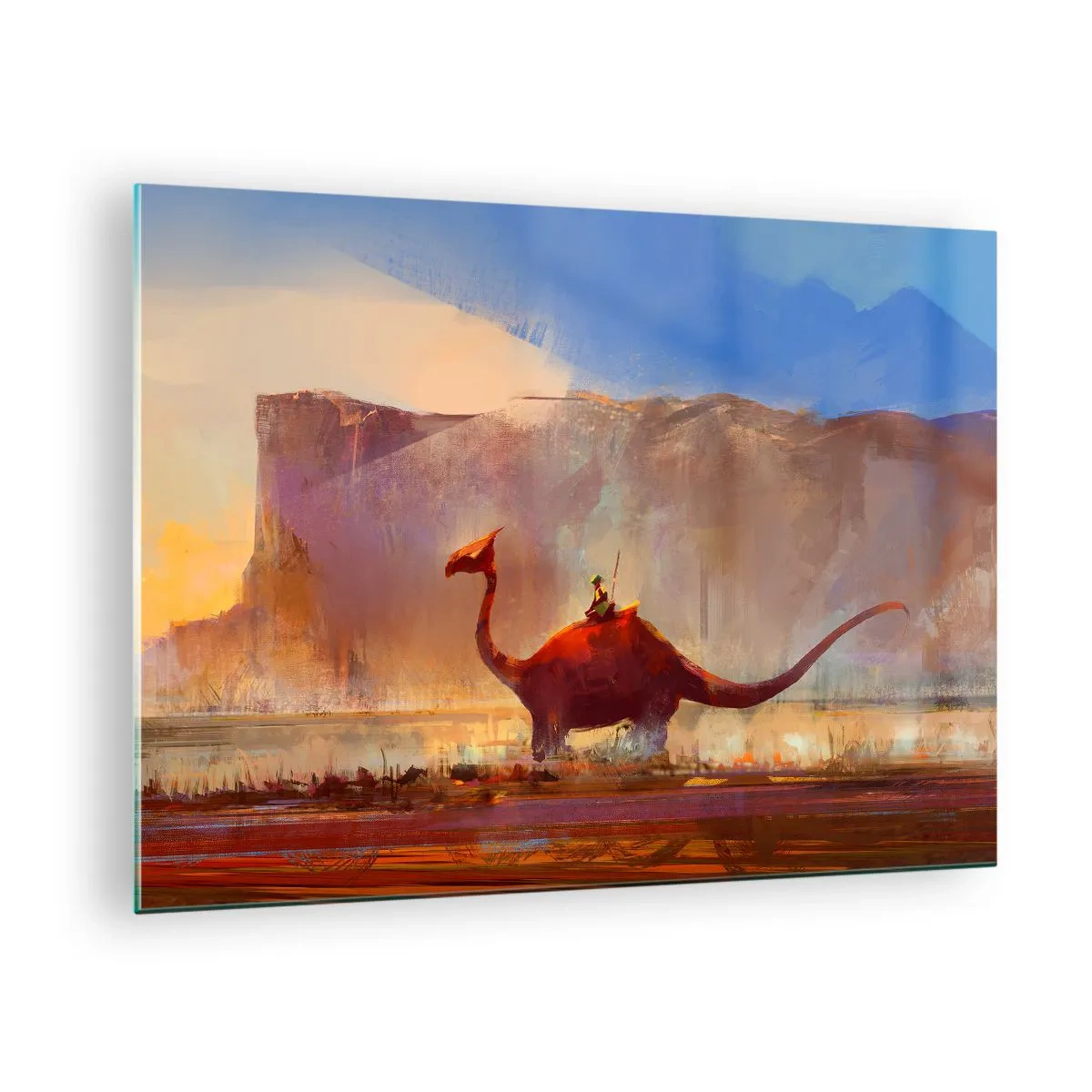 Obraz na szkle - Fantazyjny krajobraz z jeźdźcem na prehistorycznym stworzeniu - 70x50cm - Gdyby nie wyginęły - Nowoczesna dekoracja ścienna do salonu i sypialni ARTTOR