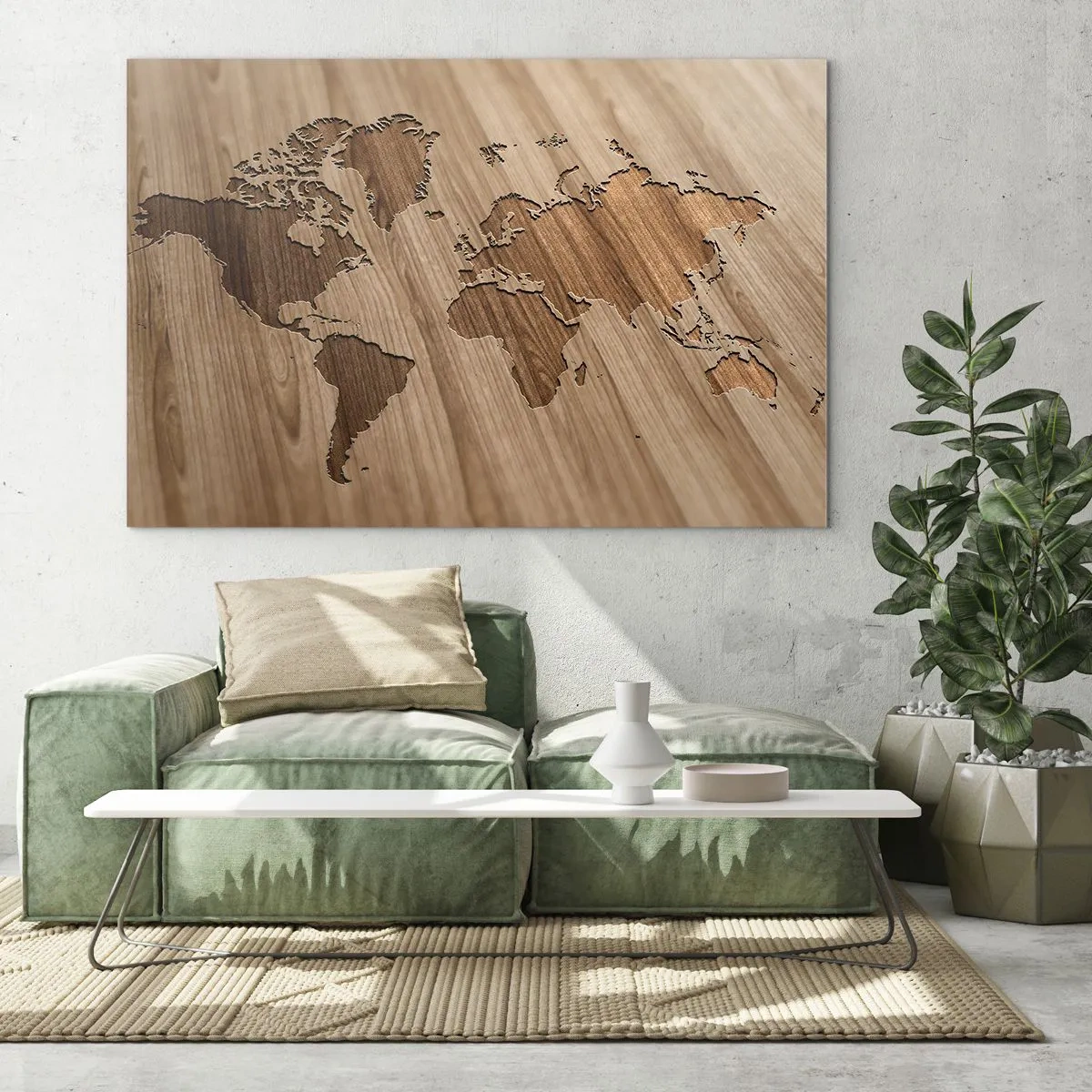 Obraz na szkle - Mapa świata wycięta w drewnianej powierzchni - 70x50cm - Świat podany na stole - Nowoczesna dekoracja ścienna do salonu i sypialni ARTTOR