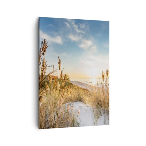 Obraz na płótnie - Zachód słońca na plaży z wydmami i suchymi trawami - 50x70cm - Północna plaża - Nowoczesna dekoracja ścienna do salonu, kuchni i sypialni ARTTOR