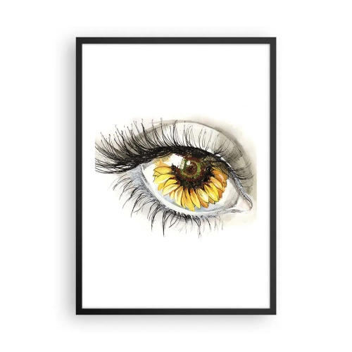 Plakat w czarnej ramie - Oko z żółtym kwiatem słonecznika w źrenicy - 50x70cm - Spojrzenie gorące jak lato - Nowoczesna dekoracja ścienna do salonu i sypialni ARTTOR