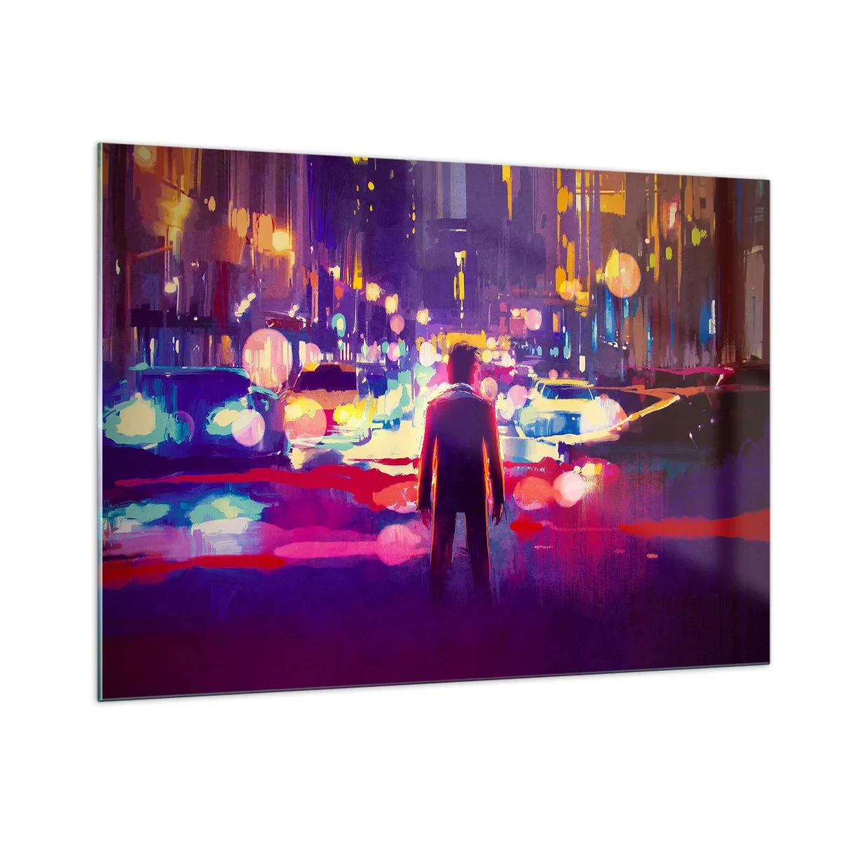 Obraz na szkle - Postać w kolorowym, nocnym świetle miasta o futurystycznym stylu - 100x70cm - Zanurzony w świetle - Nowoczesna dekoracja ścienna do salonu, kuchni i sypialni ARTTOR