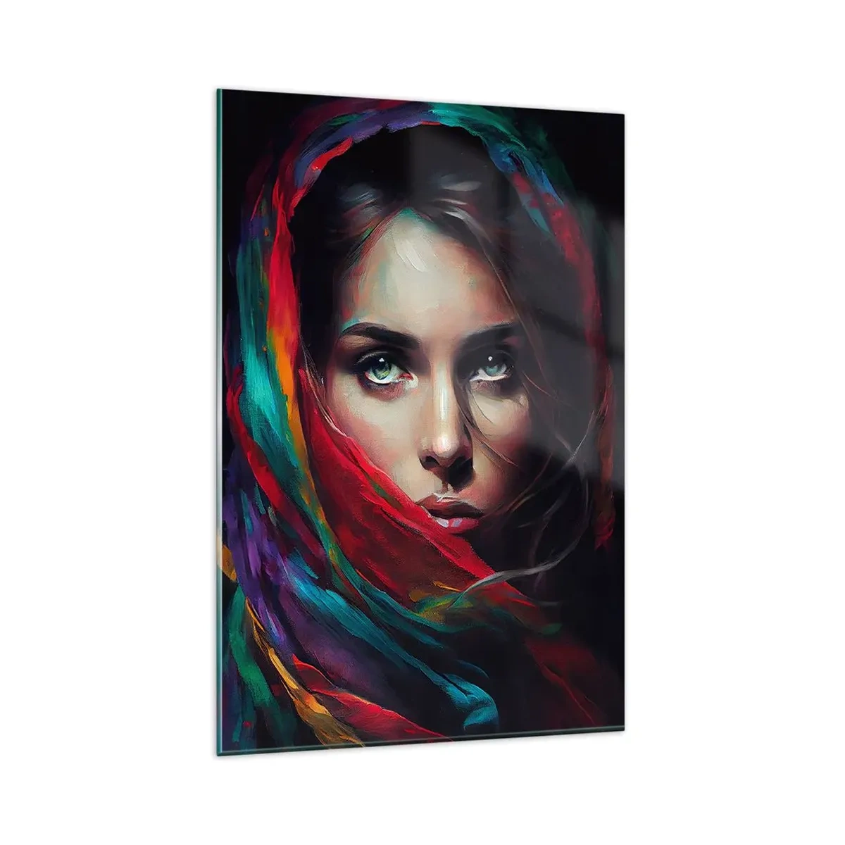 Obraz na szkle - Portret kobiety w kolorowej chuście o intensywnych barwach - 80x120cm - Zielonooka tajemnica - Nowoczesna dekoracja ścienna do salonu i sypialni ARTTOR