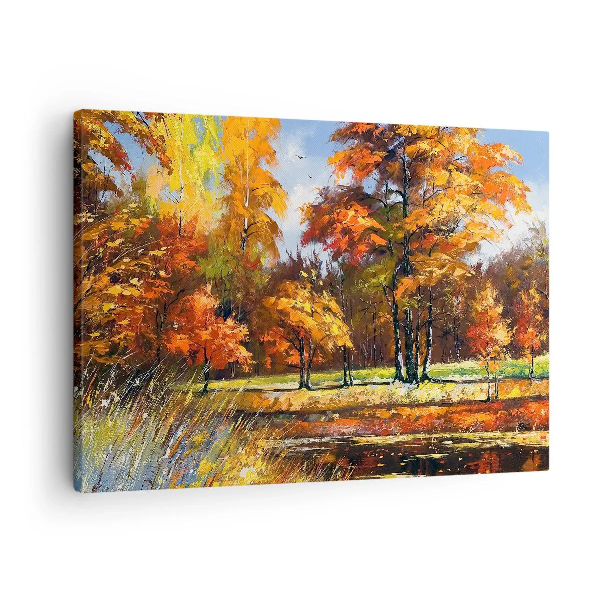 Obraz na płótnie - Jesienny pejzaż z kolorowymi drzewami i stawem - 70x50cm - Pejzaż w złocie i brązie - Nowoczesna dekoracja ścienna do salonu i sypialni ARTTOR