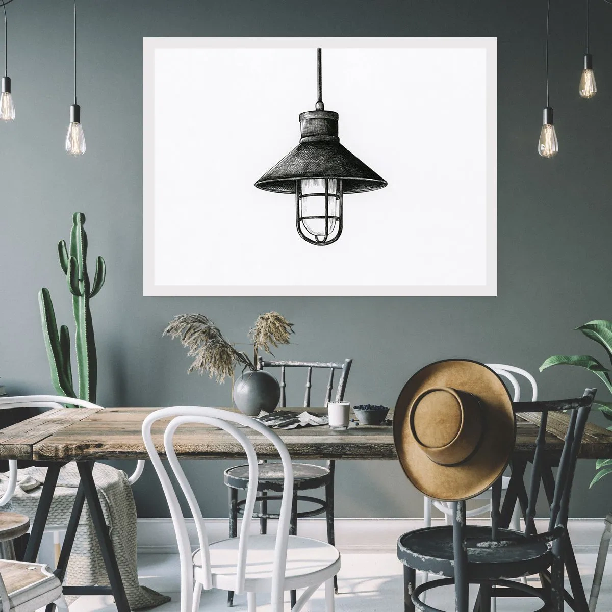 Plakat - Rysunek wiszącej lampy w stylu retro na białym tle - 100x70cm - Jak przed laty… - Nowoczesna dekoracja ścienna do salonu i sypialni ARTTOR