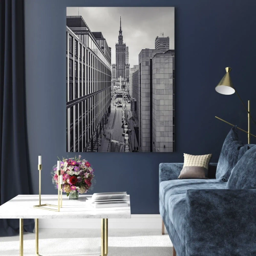 Obraz na szkle - Panorama Warszawy z widokiem na Pałac Kultury i otaczające budynki - 70x100cm - Warszawska dolina - Nowoczesna dekoracja ścienna do salonu i sypialni ARTTOR