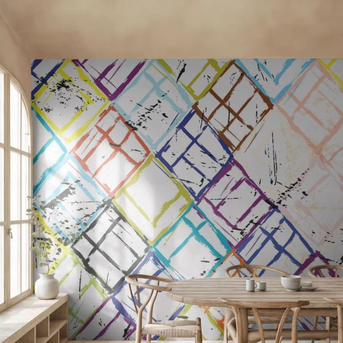 Fototapeta Premium Canvas - Kolorowa abstrakcja z geometrycznymi kształtami na białym tle - 100x70cm - Komórki do wynajęcia - Nowoczesna dekoracja ścienna do salonu i sypialni ARTTOR