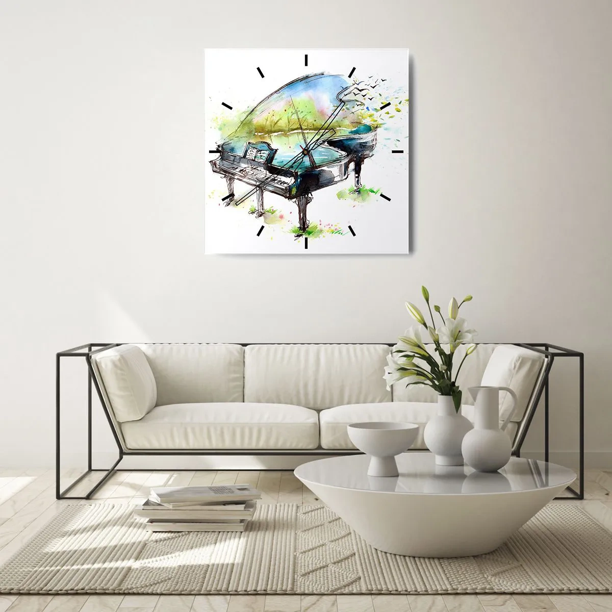 Zegar ścienny - Artystyczna akwarela fortepianu z naturą w tle - 30x30cm - Zaklęte w muzyce - Nowoczesna dekoracja ścienna do salonu i sypialni ARTTOR