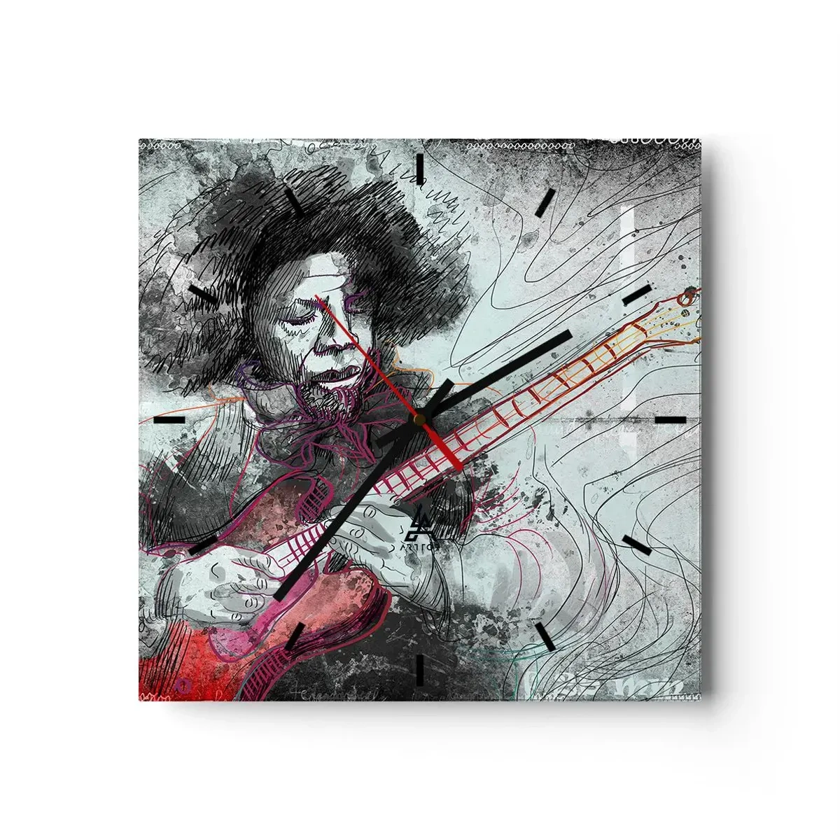 Zegar ścienny - Artystyczny portret gitarzysty w technice szkicu - 30x30cm - Na falach muzyki - Nowoczesna dekoracja ścienna do salonu i sypialni ARTTOR