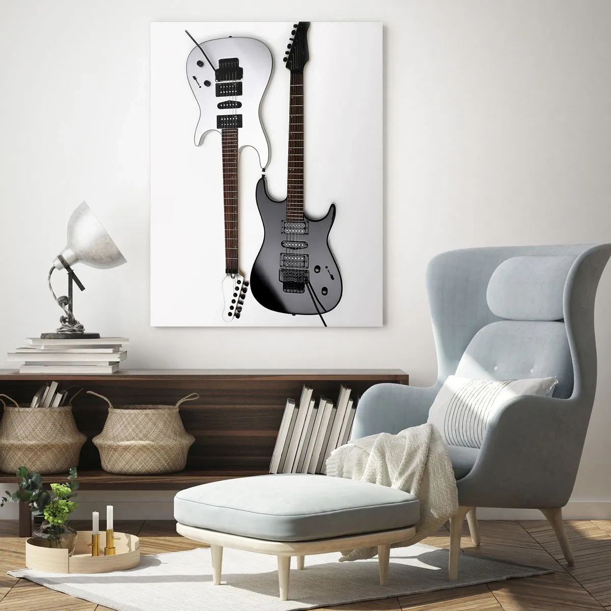 Obraz na szkle - Czarno-białe gitary elektryczne na białym tle - 50x70cm - Harmonia kształtów - Nowoczesna dekoracja ścienna do salonu, kuchni i sypialni ARTTOR