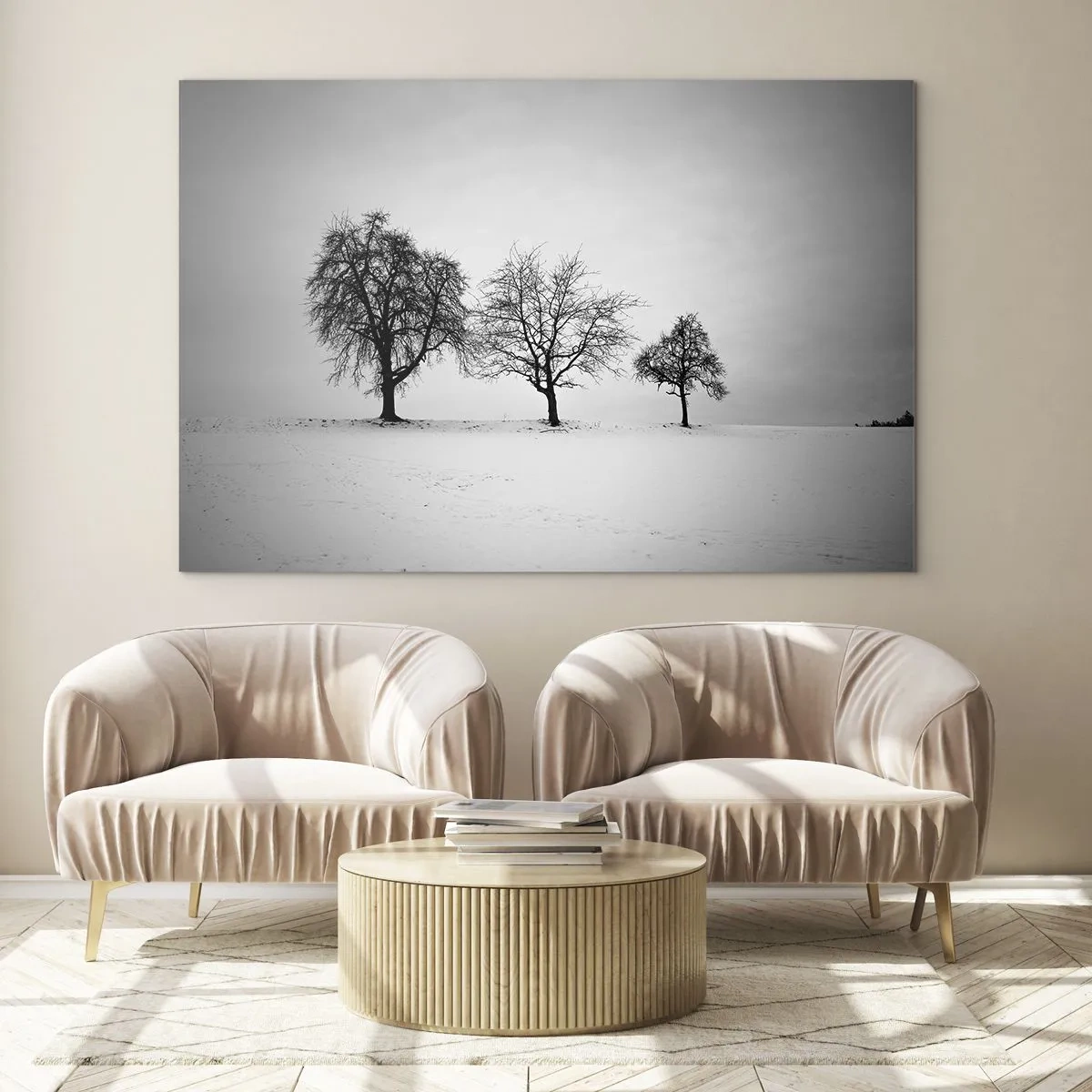 Obraz na szkle - Trzy samotne drzewa na ośnieżonej przestrzeni - 70x50cm - O czym śnią? - Nowoczesna dekoracja ścienna do salonu i sypialni ARTTOR