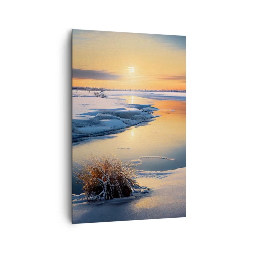 Obraz na płótnie - Zimowy krajobraz z rzeką o zachodzie słońca - 80x120cm - Zimowy zachód słońca - Nowoczesna dekoracja ścienna do salonu i sypialni ARTTOR