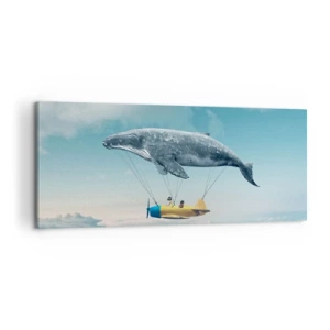 Obraz na płótnie - Latający wieloryb unoszący samolot w surrealistycznej scenerii - 120x50cm - Dlaczego nie? - Nowoczesna dekoracja ścienna do salonu i sypialni ARTTOR