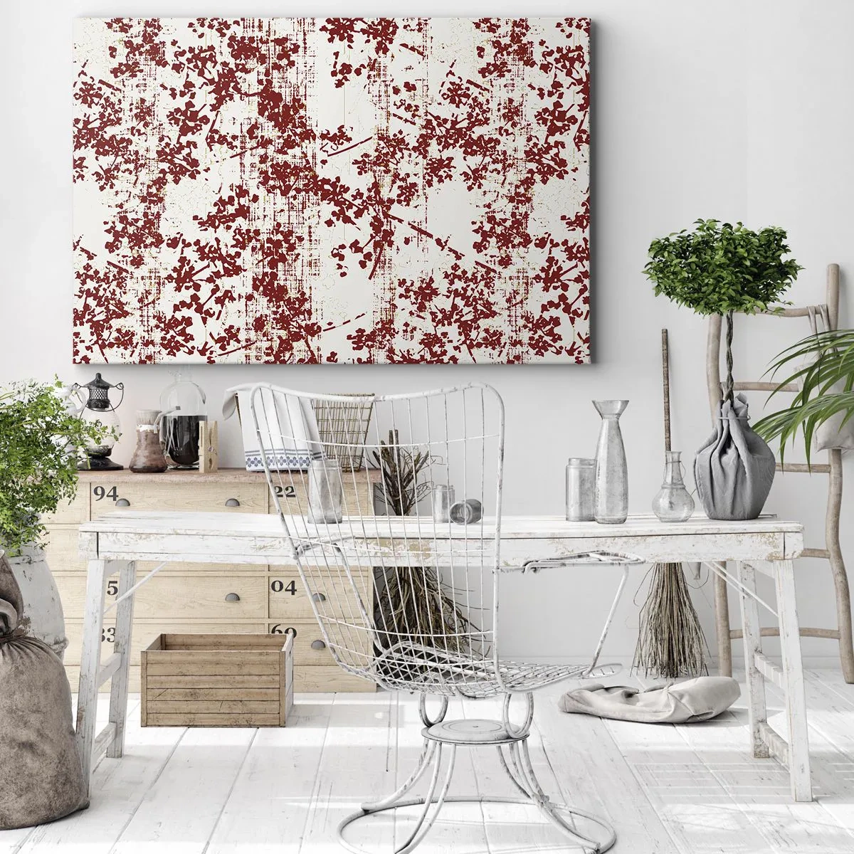 Obraz na płótnie - Czerwone kwiaty na białym tle w artystycznym stylu - 70x50cm - Jak dawny perkalik - Nowoczesna dekoracja ścienna do salonu i sypialni ARTTOR