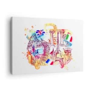 Obraz na płótnie - Akwarela europejskich symboli z flagami krajów - 70x50cm - Europejskie tourne - Nowoczesna dekoracja ścienna do salonu i sypialni ARTTOR