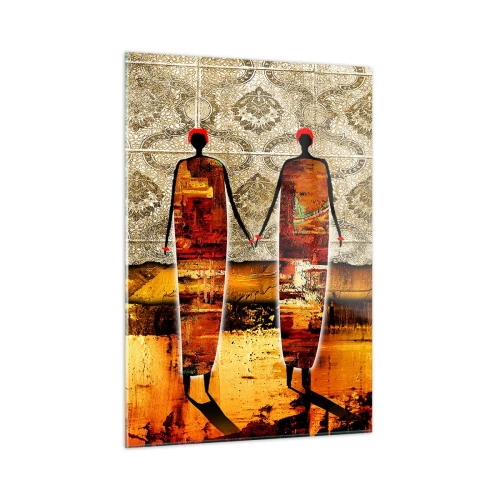 Obraz na szkle - Dwie abstrakcyjne postacie na tle ornamentu i złotych odcieni - 50x70cm - Kompozycja etniczna w kolorach Afryki - Nowoczesna dekoracja ścienna do salonu, kuchni i sypialni ARTTOR