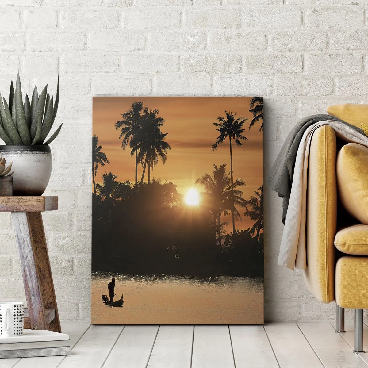 Obraz na płótnie - Zachód słońca nad palmami i spokojnym jeziorem z łódką - 80x120cm - Czas na odpoczynek - Nowoczesna dekoracja ścienna do salonu i sypialni ARTTOR